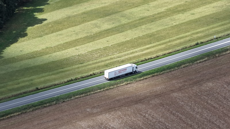 Aerial view of freight truck on highway